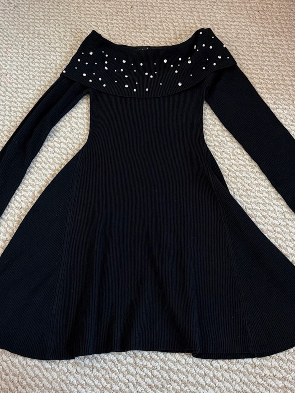 Black Off-Shoulder Midi Dress with Pearl Embellishments